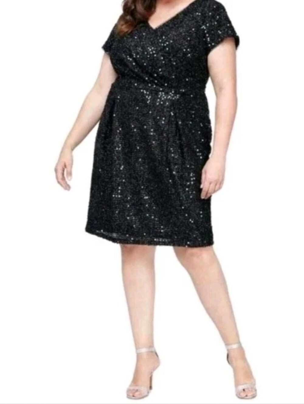 SLNY Size 18 Black Sequin V-Neck Capped Sleeve Dress